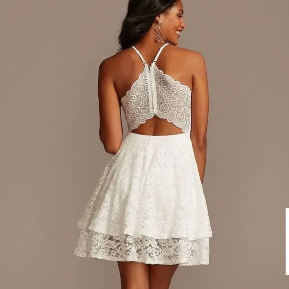 Emerald Sunday Glitter Lace Layered Hem Zippered Racerback Wedding Dress - Picture 2 of 10